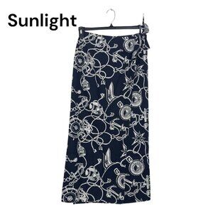 Talbots Vintage Womens Nautical Navy-White Print Wrap Midi Skirt Size 4 Tie Wais